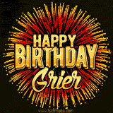 Golden 'Happy Birthday Grier' text accompanied by animated rainbow fireworks for a festive animated greeting.