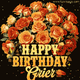 Animated bouquet of orange roses with moving butterfles and golden 'Happy Birthday Grier' text, surrounded by sparkling accents and a dark backdrop for a luxurious feel.
