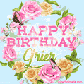 A charming animated GIF featuring 'Happy Birthday Grier' in pink and green text, surrounded by delicate roses, leaves, and fluttering butterflies on a soft light blue pastel background.