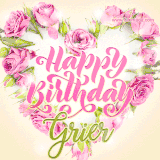 A stunning heart made of pink roses surrounds the elegant script text 'Happy Birthday Grier' on a soft beige background. Animated sparkles add a magical and festive feel.