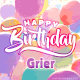 A vibrant name GIF featuring colorful balloons in shades of pink, orange, and yellow with the bold text 'Happy Birthday Grier' in festive fonts, creating a lively birthday vibe.