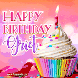 A vibrant birthday GIF featuring a rainbow-colored cupcake topped with white frosting, sprinkles, and a lit candle. The text reads 'Happy Birthday Griet' in bold pink and violet letters with white outline.