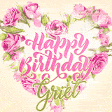 A stunning heart made of pink roses surrounds the elegant script text 'Happy Birthday Griet' on a soft beige background. Animated sparkles add a magical and festive feel.