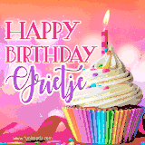 A vibrant birthday GIF featuring a rainbow-colored cupcake topped with white frosting, sprinkles, and a lit candle. The text reads 'Happy Birthday Grietje' in bold pink and violet letters with white outline.
