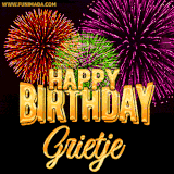 A golden 'Happy Birthday Grietje' message with vibrant fireworks in the background, creating a festive and celebratory vibe in this animated name GIF.