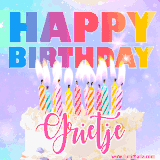 A vibrant animated name GIF with the words 'Happy Birthday Grietje' with colorful candles on a creamy cake. The background sparkles with pastel shades, adding a festive touch.