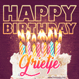 A colorful birthday cake topped with lit candles, with the words 'Happy Birthday Grietje' in bold glowing letters on a burgundy background. Animated flames add a festive touch.