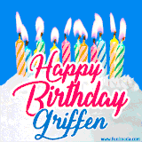 A cheerful animated GIF featuring colorful lit birthday candles on a white cake, with the text 'Happy Birthday Griffen' in bold red and blue script on a bright blue background.