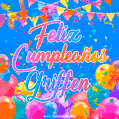 A vibrant animated GIF with 'Feliz Cumpleaños Griffen' written in colorful script, surrounded by balloons, confetti, and bunting on a bright blue background.