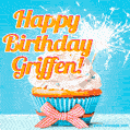 A cheerful animated GIF of a cupcake with creamy frosting, a red checkered ribbon, and a bright sparkler on top. The text 'Happy Birthday Griffen!' is displayed in vibrant orange and red.