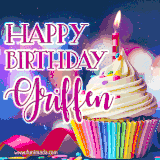 A festive animated GIF featuring a colorful cupcake with a single lit candle, sprinkles, and 'Happy Birthday Griffen' text against a sparkling, celebratory background.