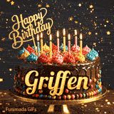 Bold golden lettering spelling Griffen on a gourmet chocolate cake decorated with small colorful candies at the base.