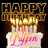 A vibrant animated GIF featuring a delicious birthday cake topped with glowing candles and the name 'Griffen' in elegant script, and the words 'Happy Birthday' on the black background.