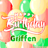 Animated GIF featuring colorful balloons in the background with the cheerful text 'Happy Birthday Griffen'.