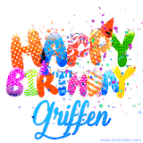 Animated GIF with colorful, festive 'Happy Birthday Griffen' text decorated with patterns, a party hat, and falling confetti. A vibrant and cheerful design for birthday celebrations.