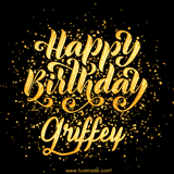 Animated GIF with colorful, festive 'Happy Birthday Griffey' text decorated with patterns, a party hat, and falling confetti. A vibrant and cheerful design for birthday celebrations.