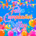 A vibrant animated GIF with 'Feliz Cumpleaños Griffey' written in colorful script, surrounded by balloons, confetti, and bunting on a bright blue background.