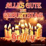 An animated GIF featuring 'Alles Gute Zum Geburtstag Griffey' in glowing red and gold letters above a cake with colorful lit candles, set against a festive sparkling background.