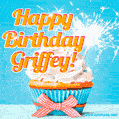 A cheerful animated GIF of a cupcake with creamy frosting, a red checkered ribbon, and a bright sparkler on top. The text 'Happy Birthday Griffey!' is displayed in vibrant orange and red.