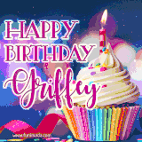 A festive animated GIF featuring a colorful cupcake with a single lit candle, sprinkles, and 'Happy Birthday Griffey' text against a sparkling, celebratory background.