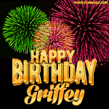 A captivating GIF with bursts of green, pink, and orange fireworks lighting up the night sky, accompanied by 'Happy Birthday Griffey' in glowing golden text.