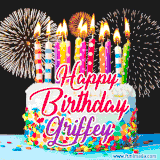 A lively happy birthday animated GIF showcasing a colorful birthday cake covered in sprinkles, topped with glowing candles, and surrounded by vibrant fireworks. The name 'Griffey' is featured in elegant script.