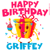 A funny animated birthday GIF with the words 'Happy Birthday Griffeya', colorful gift box with arms and legs, holding a cupcake with a lit candle  with confetti everywhere.