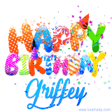 Animated GIF with colorful, festive 'Happy Birthday Griffey' text decorated with patterns, a party hat, and falling confetti. A vibrant and cheerful design for birthday celebrations.