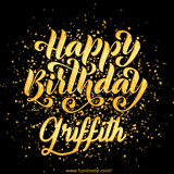 Animated GIF with colorful, festive 'Happy Birthday Griffith' text decorated with patterns, a party hat, and falling confetti. A vibrant and cheerful design for birthday celebrations.