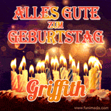 An animated GIF featuring 'Alles Gute Zum Geburtstag Griffith' in glowing red and gold letters above a cake with colorful lit candles, set against a festive sparkling background.