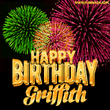 A captivating GIF with bursts of green, pink, and orange fireworks lighting up the night sky, accompanied by 'Happy Birthday Griffith' in glowing golden text.