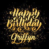 Animated GIF with colorful, festive 'Happy Birthday Griffyn' text decorated with patterns, a party hat, and falling confetti. A vibrant and cheerful design for birthday celebrations.