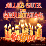 An animated GIF featuring 'Alles Gute Zum Geburtstag Griffyn' in glowing red and gold letters above a cake with colorful lit candles, set against a festive sparkling background.