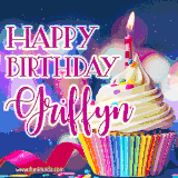 A festive animated GIF featuring a colorful cupcake with a single lit candle, sprinkles, and 'Happy Birthday Griffyn' text against a sparkling, celebratory background.