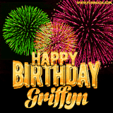 A captivating GIF with bursts of green, pink, and orange fireworks lighting up the night sky, accompanied by 'Happy Birthday Griffyn' in glowing golden text.