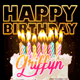 A vibrant animated GIF featuring a delicious birthday cake topped with glowing candles and the name 'Griffyn' in elegant script, and the words 'Happy Birthday' on the black background.