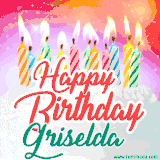 Bright birthday candles with rainbow flames on a cake, alongside the text 'Happy Birthday Griselda' in vibrant script in this celebratory animated GIF.
