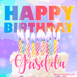 A vibrant animated name GIF with the words 'Happy Birthday Griselda' with colorful candles on a creamy cake. The background sparkles with pastel shades, adding a festive touch.