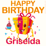 A vibrant and funny gift box character with a happy face dancing with a cupcake and the text 'Happy Birthday Griselda,' surrounded by animated confetti and party vibes.