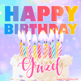 A vibrant animated name GIF with the words 'Happy Birthday Grizel' with colorful candles on a creamy cake. The background sparkles with pastel shades, adding a festive touch.