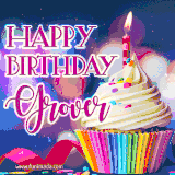 A festive animated GIF featuring a colorful cupcake with a single lit candle, sprinkles, and 'Happy Birthday Grover' text against a sparkling, celebratory background.