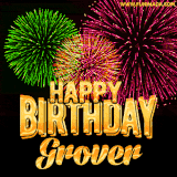 A captivating GIF with bursts of green, pink, and orange fireworks lighting up the night sky, accompanied by 'Happy Birthday Grover' in glowing golden text.