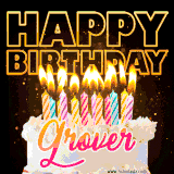 A vibrant animated GIF featuring a delicious birthday cake topped with glowing candles and the name 'Grover' in elegant script, and the words 'Happy Birthday' on the black background.