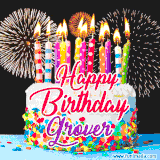 A lively happy birthday animated GIF showcasing a colorful birthday cake covered in sprinkles, topped with glowing candles, and surrounded by vibrant fireworks. The name 'Grover' is featured in elegant script.