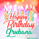 Bright birthday candles with rainbow flames on a cake, alongside the text 'Happy Birthday Grubana' in vibrant script in this celebratory animated GIF.