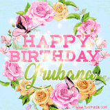 A charming animated GIF featuring 'Happy Birthday Grubana' in pink and green text, surrounded by delicate roses, leaves, and fluttering butterflies on a soft light blue pastel background.
