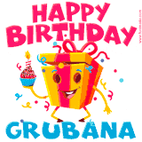 A vibrant and funny gift box character with a happy face dancing with a cupcake and the text 'Happy Birthday Grubana,' surrounded by animated confetti and party vibes.