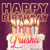 A colorful birthday cake topped with lit candles, with the words 'Happy Birthday Grusha' in bold glowing letters on a burgundy background. Animated flames add a festive touch.