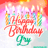 Bright birthday candles with rainbow flames on a cake, alongside the text 'Happy Birthday Gry' in vibrant script in this celebratory animated GIF.