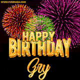 A golden 'Happy Birthday Gry' message with vibrant fireworks in the background, creating a festive and celebratory vibe in this animated name GIF.